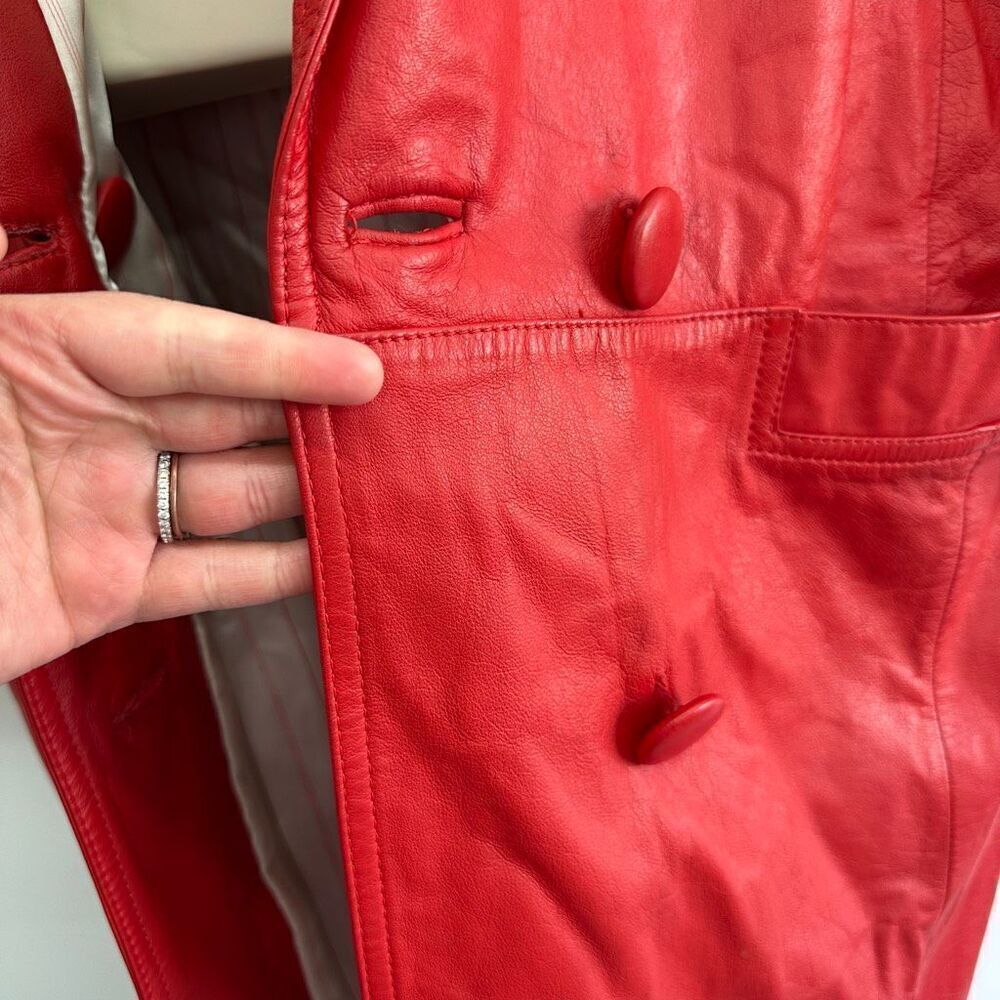 Wilsons Leather Women’s Bright Red Vintage 80s Double Breasted Leather Trench Co - Picture 14 of 16